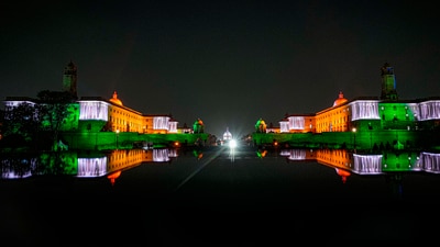 Raisina Hills illumineted in the colours of the national flag on the 77th Independence Day, in New Delhi. (PTI) Raisina Hills illumineted in the colours of the national flag on the 77th Independence Day, in New Delhi. (PTI)