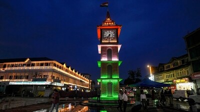 Newly-renovated historic Clock Tower illuminated in the colours of the national flag on the 77th Independence Day at Lal Chowk, in Srinagar. (PTI) Newly-renovated historic Clock Tower illuminated in the colours of the national flag on the 77th Independence Day at Lal Chowk, in Srinagar. (PTI)