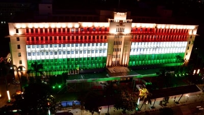 Mantralaya building illuminated with tri-colour lights on the eve of Independence Day, in Mumbai. (PTI) Mantralaya building illuminated with tri-colour lights on the eve of Independence Day, in Mumbai. (PTI)