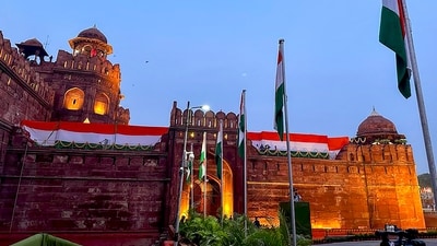 Preperations in place at the Red Fort ahead of Prime Minister Naraendra Modi's address on the country's 77th Independence Day, in New Delhi, Tuesday, Aug. 15, 2023. (PTI Photo) Preperations in place at the Red Fort ahead of Prime Minister Naraendra Modi's address on the country's 77th Independence Day, in New Delhi, Tuesday, Aug. 15, 2023. (PTI Photo)