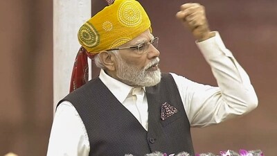 Prime Minister Narendra Modi speaks during his address on the country's 77th Independence Day, at the historic Red Fort in New Delhi. (PTI)