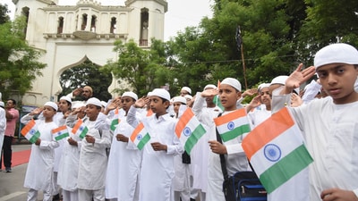 Students of Madrasa Alhamoomi Litahfeez AlQuraan celebrate the 77th Independence Day at Shahi Masjid public garden, in Hyderabad. (PTI Photo) Students of Madrasa Alhamoomi Litahfeez AlQuraan celebrate the 77th Independence Day at Shahi Masjid public garden, in Hyderabad. (PTI Photo)