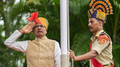 Madhya Pradesh Chief Minister Shivraj Singh Chouhan hoists the Tricolour at the CM House on the 77th Independence Day, in Bhopal. (PTI) Madhya Pradesh Chief Minister Shivraj Singh Chouhan hoists the Tricolour at the CM House on the 77th Independence Day, in Bhopal. (PTI)