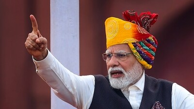 Prime Minister Narendra Modi addresses the nation from the historic Red Fort on the occasion of the 77th Independence Day. (PTI)
