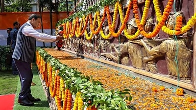 Assam Chief Minister Himanta Biswa Sarma pays tribute to brave soldiers and martyrs on the occasion of 77th Independence Day in Guwahati, Tuesday, Aug. 15, 2023. (PTI Photo)