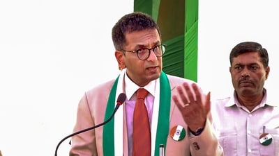 New Delhi: Chief Justice of India (CJI) Justice DY Chandrachud addresses lawyers on the occasion of the 77th Independence Day, in New Delhi, Tuesday. (PTI) New Delhi: Chief Justice of India (CJI) Justice DY Chandrachud addresses lawyers on the occasion of the 77th Independence Day, in New Delhi, Tuesday. (PTI)