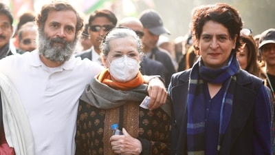 Congress leader Rahul Gandhi with his mother and party leader Sonia Gandhi and his sister and general secretary Priyanka Gandhi Vadra during the Bharat Jodo Yatra, (PTI)