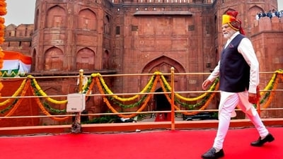 Prime Minister Narendra Modi at the Red Fort in New Delhi on Tuesday. (ANI) Prime Minister Narendra Modi at the Red Fort in New Delhi on Tuesday. (ANI)