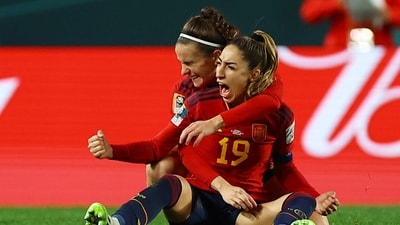 Spain's Olga Carmona celebrates scoring their second goal with Teresa Abelleira (REUTERS)