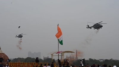 After Modi unfurled the national flag, petals were showered by two indigenously built Dhruv advanced light helicopters Mark-III of the Indian Air Force and were captained by Wing Commander Amber Agarwal and Squadron Leader Himanshu Sharma. (Hindustan Times) After Modi unfurled the national flag, petals were showered by two indigenously built Dhruv advanced light helicopters Mark-III of the Indian Air Force and were captained by Wing Commander Amber Agarwal and Squadron Leader Himanshu Sharma. (Hindustan Times)