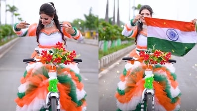 Woman sways her body to the tunes of I Love My India while riding a cycle. (Instagram/@iamsecretgirl023)