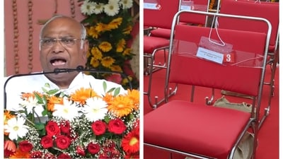 Kharge's chair marked at the Red Fort Independence Day event remained empty on Tuesday. Kharge's chair marked at the Red Fort Independence Day event remained empty on Tuesday.