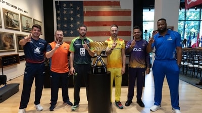 The captains gather around the Major League Cricket trophy (MLC) The captains gather around the Major League Cricket trophy (MLC)