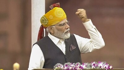 Prime Minister Narendra Modi speaks during his address on the country's 77th Independence Day, at the historic Red Fort in New Delhi, Tuesday, Aug. 15, 2023. (PTI)