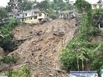 An area is affected by landslides following heavy rains, in Mandi. (ANI Photo)