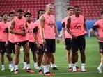 Players take part in a training a session on the eve of the UEFA Super Cup football match between Manchester City and Sevilla Players take part in a training a session on the eve of the UEFA Super Cup football match between Manchester City and Sevilla
