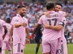 Josef Martinez #17 of Inter Miami CF celebrates his goal with Lionel Messi #10 and Jordi Alba #18 in the first half Josef Martinez #17 of Inter Miami CF celebrates his goal with Lionel Messi #10 and Jordi Alba #18 in the first half