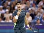 Carlos Alcaraz of Spain celebrates while playing Jordan Thompson of Australia