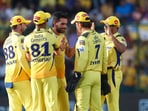 Matheesha Pathirana and MS Dhoni celebrate with CSK teammates