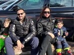 Saif Ali Khan poses with wife Kareena Kapoor Khan and sons Jeh and Taimur.
