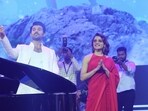 Vijay Deverakonda and Samantha Ruth Prabhu at Kushi musical concert in Hyderabad. Vijay Deverakonda and Samantha Ruth Prabhu at Kushi musical concert in Hyderabad.