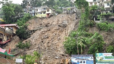 An area is affected by landslides following heavy rains, in Mandi. (ANI Photo)