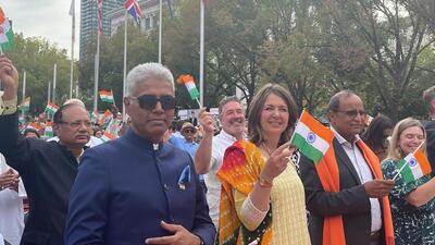 Alberta Premier Danielle Smith and India’s Consul General in Vancouver Manish for the first official Independence Day celebrations in the city of Calgary (Twitter/@IndiainVancouver)