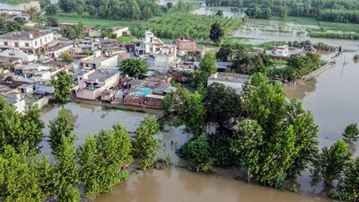 An aerial view of flooded area due to release of excess water in Rupnagar, Punjab on Wednesday. (ANI) An aerial view of flooded area due to release of excess water in Rupnagar, Punjab on Wednesday. (ANI)