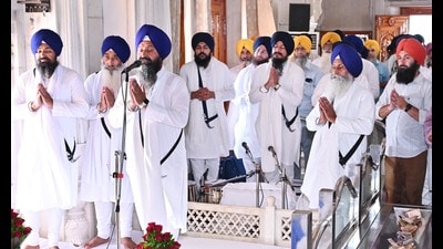 Ardas being performed at the Akal Takht in Amritsar on Wednesday. (HT photo)