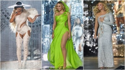 Beyoncé's visuals on the Renaissance World Tour concerts have been the talk of the town. The singer has served unforgettable sartorial moments during the tour, including outfits created by ace Indian couturier Gaurav Gupta. She wore not one but three magical looks by the designer on stage and delighted desi fans. While one ensemble was custom-made by Gupta for the Crazy In Love singer, the other two attires are straight off the runway from his Paris Couture Week AW 23/24 Collection - Hiranyagarbha. Scroll through to see all three Gaurav Gupta looks donned by Beyoncé. (Instagram/@beyonce) Beyoncé's visuals on the Renaissance World Tour concerts have been the talk of the town. The singer has served unforgettable sartorial moments during the tour, including outfits created by ace Indian couturier Gaurav Gupta. She wore not one but three magical looks by the designer on stage and delighted desi fans. While one ensemble was custom-made by Gupta for the Crazy In Love singer, the other two attires are straight off the runway from his Paris Couture Week AW 23/24 Collection - Hiranyagarbha. Scroll through to see all three Gaurav Gupta looks donned by Beyoncé. (Instagram/@beyonce)