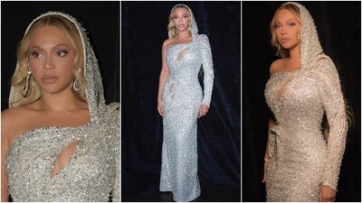 Beyoncé styled the ensemble with centre-parted open curly locks, strappy heels, diamond rings, dainty bracelets, dangling earrings, subtle eye shadow, mascara on the lashes, nude lip shade, rouge on the cheeks, beaming highlighter, and feathered brows. (Instagram/@beyonce) Beyoncé styled the ensemble with centre-parted open curly locks, strappy heels, diamond rings, dainty bracelets, dangling earrings, subtle eye shadow, mascara on the lashes, nude lip shade, rouge on the cheeks, beaming highlighter, and feathered brows. (Instagram/@beyonce)