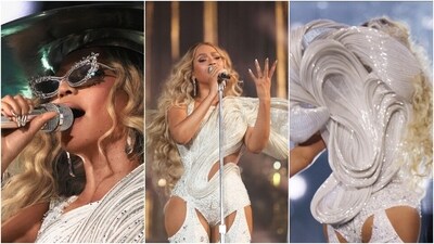 Beyoncé wore it with legging boots featuring matching crystal and beaded embellishments, a form-fitting design, and killer high heels. A silver chrome futuristic hat, dangling gold earrings, crystal-embellished cat eye sunglasses, long Goddess-like curly locks, shimmering eye shadow, mascara on the lashes, feathered brows, and beaming highlighter gave the finishing touch. (Instagram/@beyonce) Beyoncé wore it with legging boots featuring matching crystal and beaded embellishments, a form-fitting design, and killer high heels. A silver chrome futuristic hat, dangling gold earrings, crystal-embellished cat eye sunglasses, long Goddess-like curly locks, shimmering eye shadow, mascara on the lashes, feathered brows, and beaming highlighter gave the finishing touch. (Instagram/@beyonce)