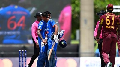 India's Yashasvi Jaiswal (C R) and Tilak Varma celebrate their teams' win during the fourth T20i vs West Indies (AFP) India's Yashasvi Jaiswal (C R) and Tilak Varma celebrate their teams' win during the fourth T20i vs West Indies (AFP)