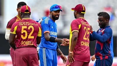 Hardik Pandya congratulates West Indies players after their victory during the fifth and final T20I (AFP) Hardik Pandya congratulates West Indies players after their victory during the fifth and final T20I (AFP)