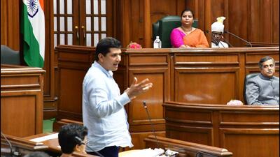 Delhi minister Saurabh Bharadwaj speaks during the session at Vidhan Sabha on Wednesday. (HT Photo) Delhi minister Saurabh Bharadwaj speaks during the session at Vidhan Sabha on Wednesday. (HT Photo)