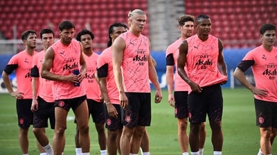 Players take part in a training a session on the eve of the UEFA Super Cup football match between Manchester City and Sevilla (AFP) Players take part in a training a session on the eve of the UEFA Super Cup football match between Manchester City and Sevilla (AFP)