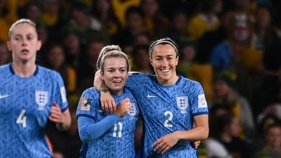 England's forward #11 Lauren Hemp celebrates with teammates after scoring her team's second goal during the Women's World Cup semi-final vs Australia (AFP) England's forward #11 Lauren Hemp celebrates with teammates after scoring her team's second goal during the Women's World Cup semi-final vs Australia (AFP)