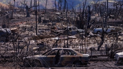 Fire damage is shown in the Wahikuli Terrace neighborhood in the fire ravaged town of Lahaina on the island of Maui in Hawaii, U.S., August 15, 2023.  REUTERS/Mike Blake     TPX IMAGES OF THE DAY (REUTERS)