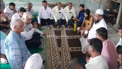 Local community members holding a meeting at the mosque in Samalkha on Wednesday after the incident Tiranga Yatra triggered communal tension. (HT Photo) Local community members holding a meeting at the mosque in Samalkha on Wednesday after the incident Tiranga Yatra triggered communal tension. (HT Photo)