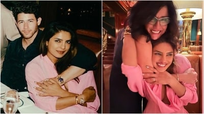 Priyanka Chopra in a chic plunge-neck gown poses with Nick Jonas and her mother-in-law. (Instagram) Priyanka Chopra in a chic plunge-neck gown poses with Nick Jonas and her mother-in-law. (Instagram)
