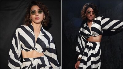 Samantha Ruth Prabhu serves Goddess Energy in monochrome crop blouse and skirt for Kushi promotions. (Instagram) Samantha Ruth Prabhu serves Goddess Energy in monochrome crop blouse and skirt for Kushi promotions. (Instagram)