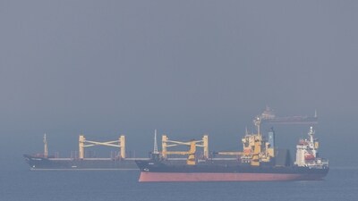 Cargo ship Super Bayern, carrying Ukrainian grain, is seen behind cargo ship Rider in the Black Sea off Kilyos near Istanbul. (File/ REUTERS)