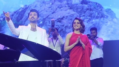 Vijay Deverakonda and Samantha Ruth Prabhu at Kushi musical concert in Hyderabad. Vijay Deverakonda and Samantha Ruth Prabhu at Kushi musical concert in Hyderabad.