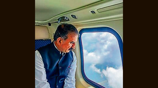 Himachal Pradesh chief minister Sukhvinder Singh Sukhu conducts an aerial survey of the flood-hit areas in Kangra district on Wednesday. (PTI)