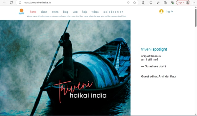 “Triveni Haikai India was launched with 35 webmasters operating at tandem. Unlike typical haikai websites that offer one-way communication, ours encouraged continuous interaction, fostering a community.” - Kala Ramesh (Screenshot) “Triveni Haikai India was launched with 35 webmasters operating at tandem. Unlike typical haikai websites that offer one-way communication, ours encouraged continuous interaction, fostering a community.” - Kala Ramesh (Screenshot)