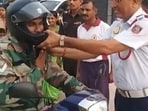 Screengrab of the video shared by Delhi traffic police on sensitisation on road safety for army personnel on Thursday. 