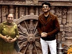 Vikas Khanna along with his mother in front of the Konark wheel replica. Vikas Khanna along with his mother in front of the Konark wheel replica.