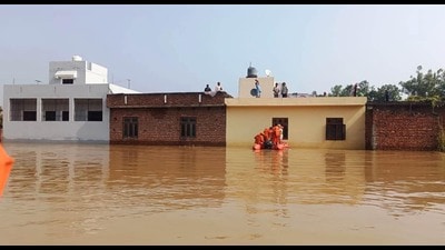 A rescue team on job to evacuate people from a marooned house in Gurdaspur on Thursday. (HT Photo) A rescue team on job to evacuate people from a marooned house in Gurdaspur on Thursday. (HT Photo)