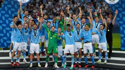 Manchester City players celebrate after winning the UEFA Super Cup Final (AP) Manchester City players celebrate after winning the UEFA Super Cup Final (AP)