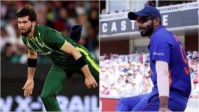 Shaheen Afridi during the T20 World Cup last year (L); File photo of Jasprit Bumrah, who will make a comeback with Ireland T20Is later this week (File) Shaheen Afridi during the T20 World Cup last year (L); File photo of Jasprit Bumrah, who will make a comeback with Ireland T20Is later this week (File)